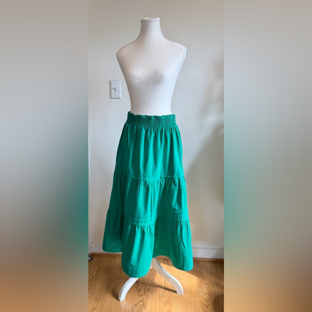 Emerald Green Tiered Cotton Maxi Skirt Boho Smocked Waist L ee:some